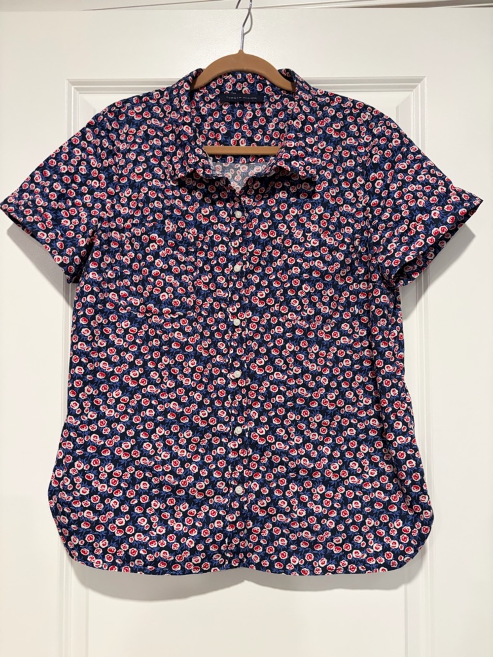 SALE Tommy Hilfiger Navy Floral Button-Up Short Sleeve Shirt with Pink Accents